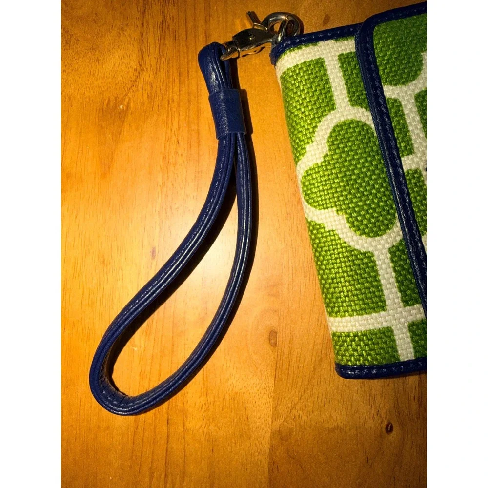 Spartina 449 Green Trellis Canvas Wristlet Wallet Navy‎ Blue Phone Case Trim